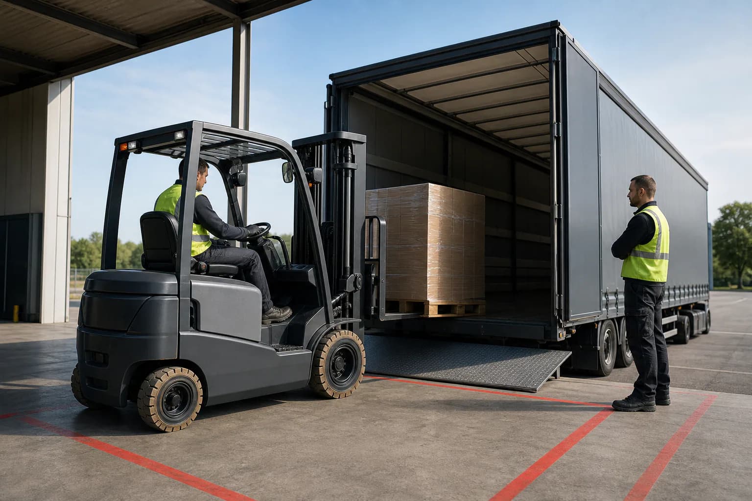 Güvenli alanda paleti kamyon dorsesine yükleyen elektrikli forklift