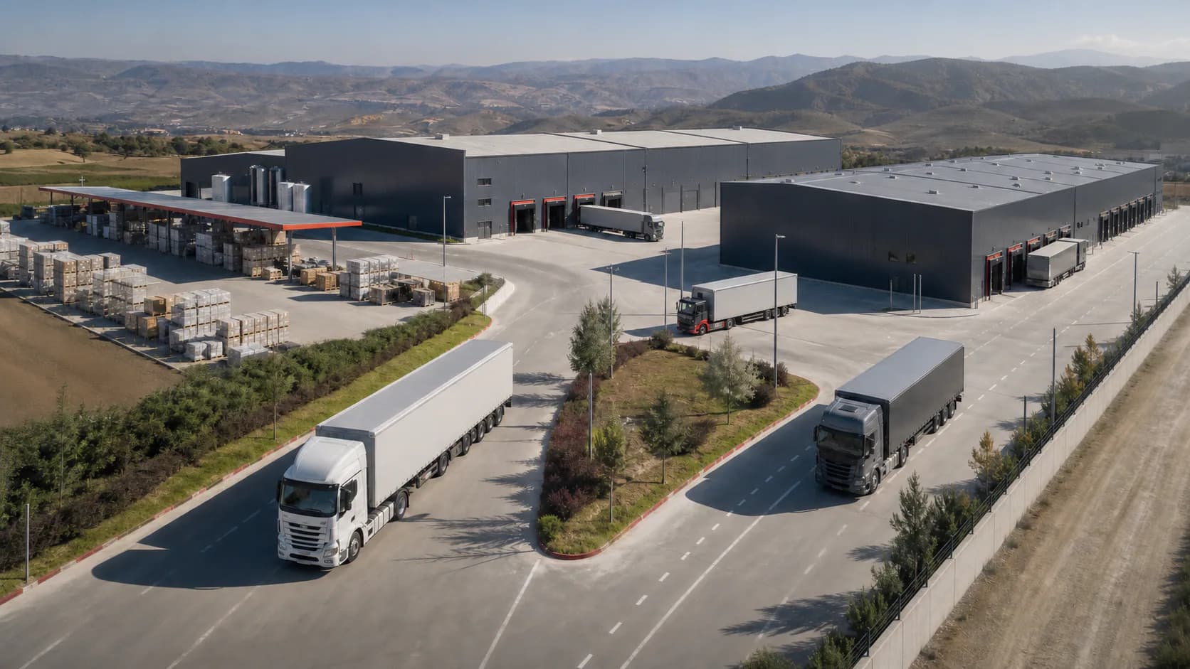 Anadolu'daki modern dağıtım kampüsünde planlı giriş ve çıkış yapan tırlar