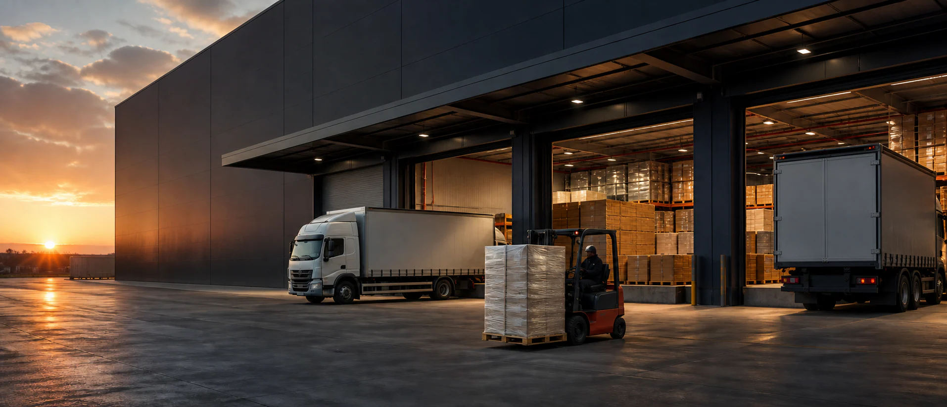 Gün batımında modern dağıtım merkezinde yürütülen kamyon ve forklift sevkiyatı