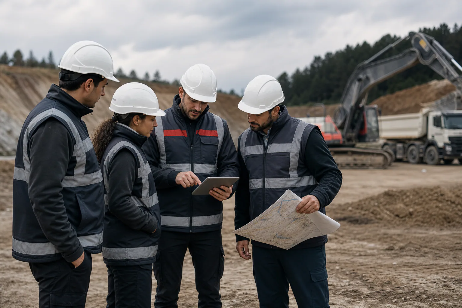 Sahada tablet ve plan üzerinden operasyon değerlendirmesi yapan profesyonel ekip