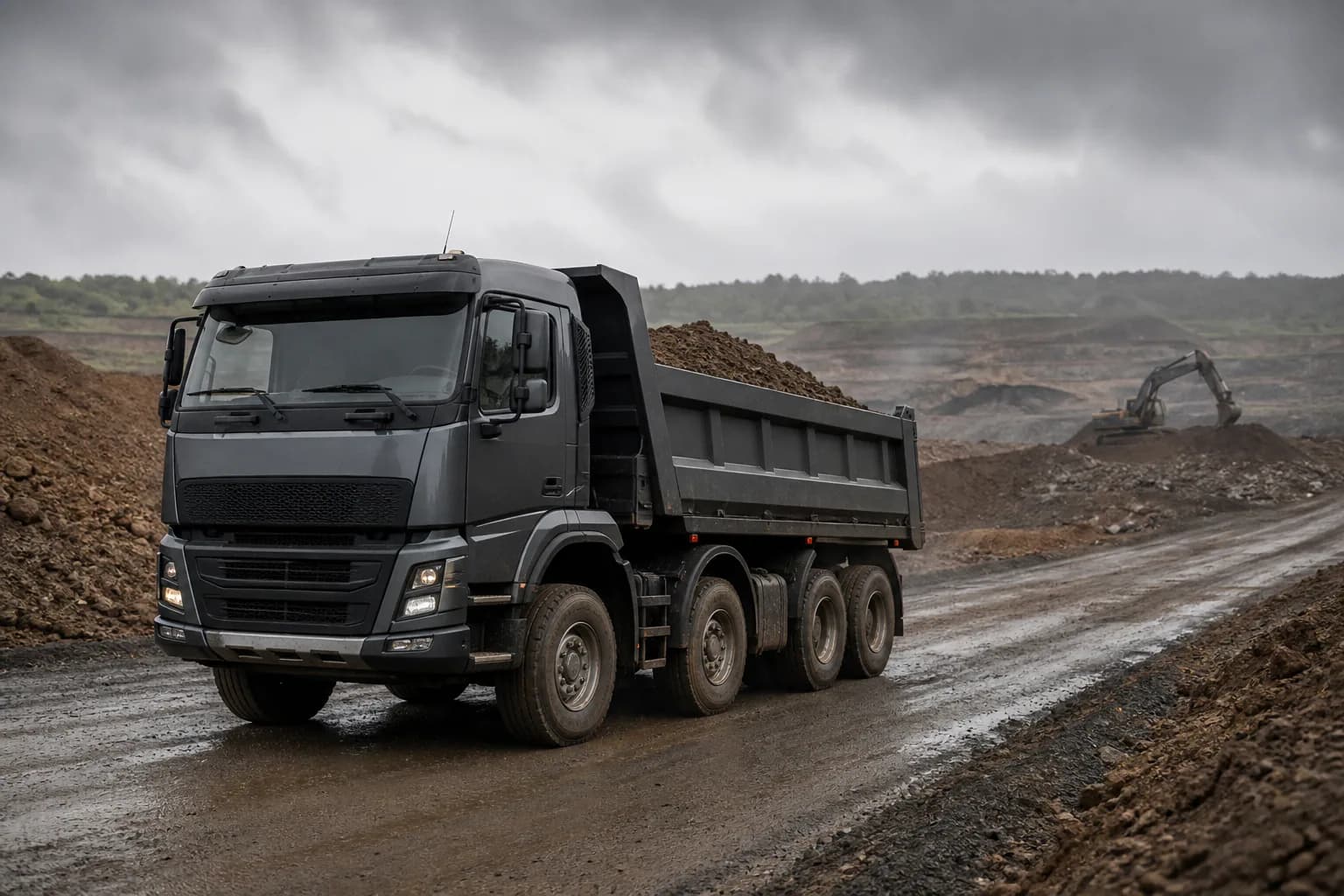 Islak saha yolunda hafriyat toprağı taşıyan dört akslı damperli kamyon