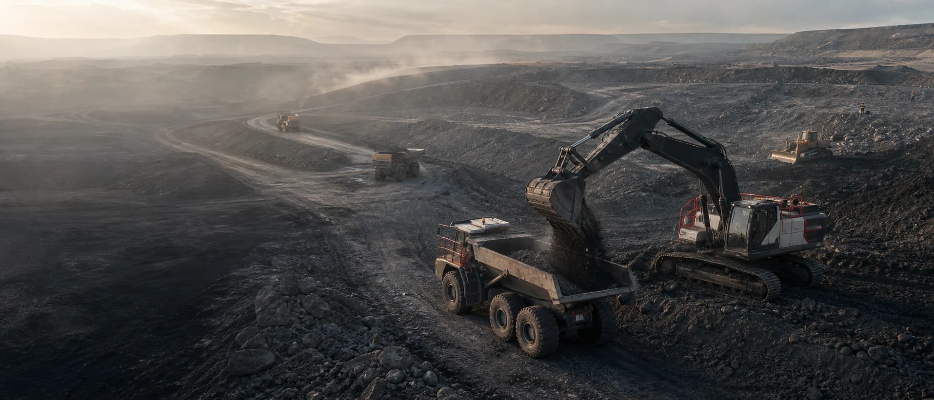 Geniş hafriyat sahasında çalışan ekskavatör, damperli kamyonlar ve dozer