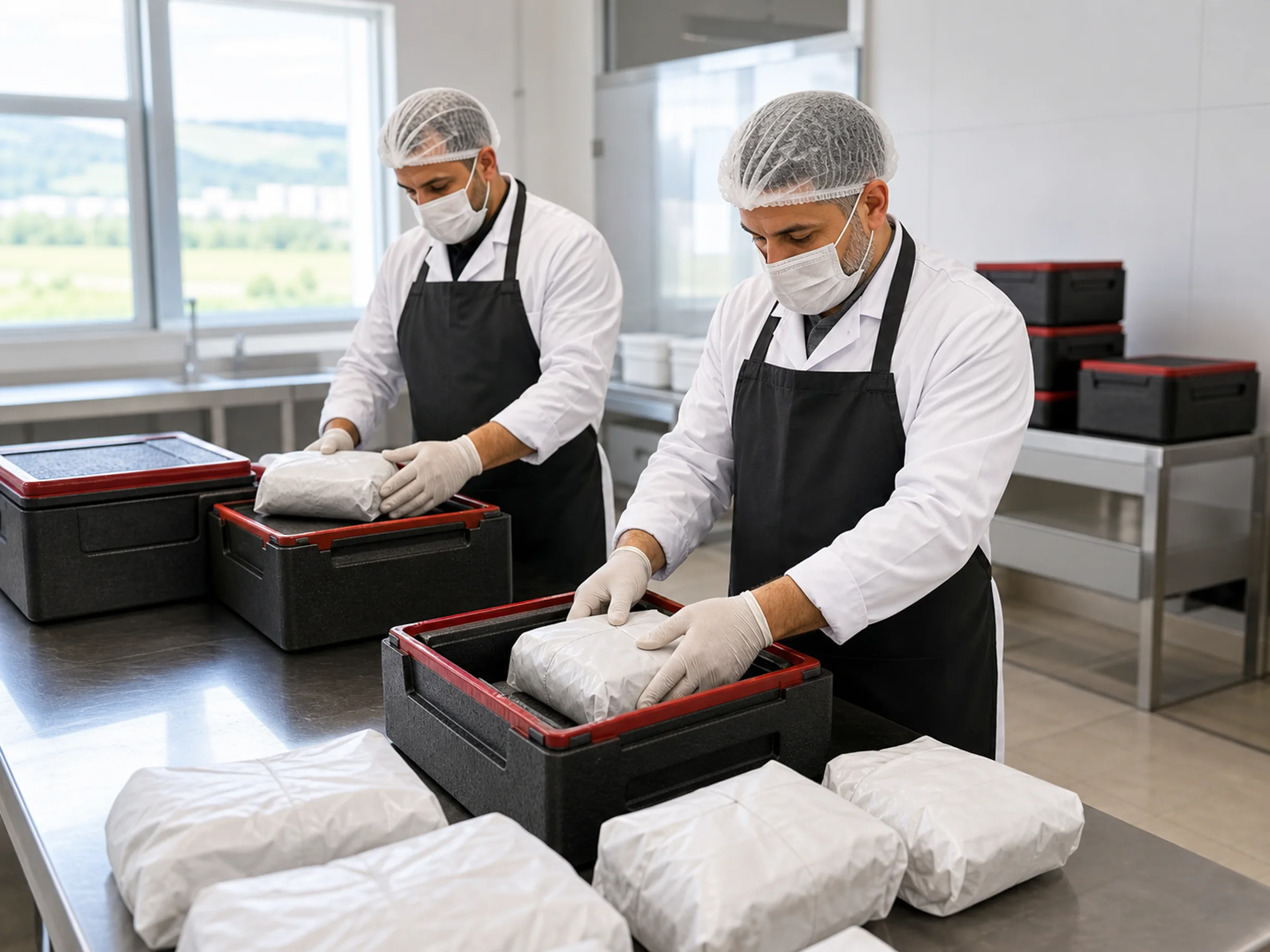 Hijyenik tesiste gıda güvenliğine uygun paketleri teslimat kasalarına yerleştiren ekip