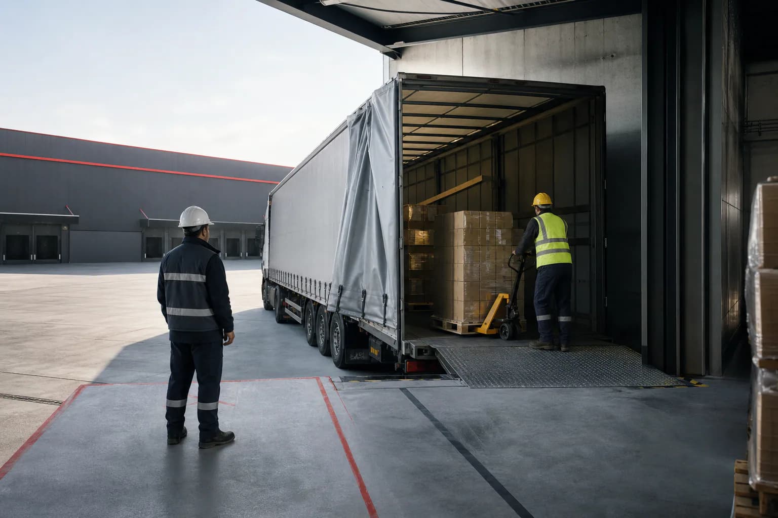 Lojistik merkezinde güvenli biçimde yürütülen palet yükleme operasyonu
