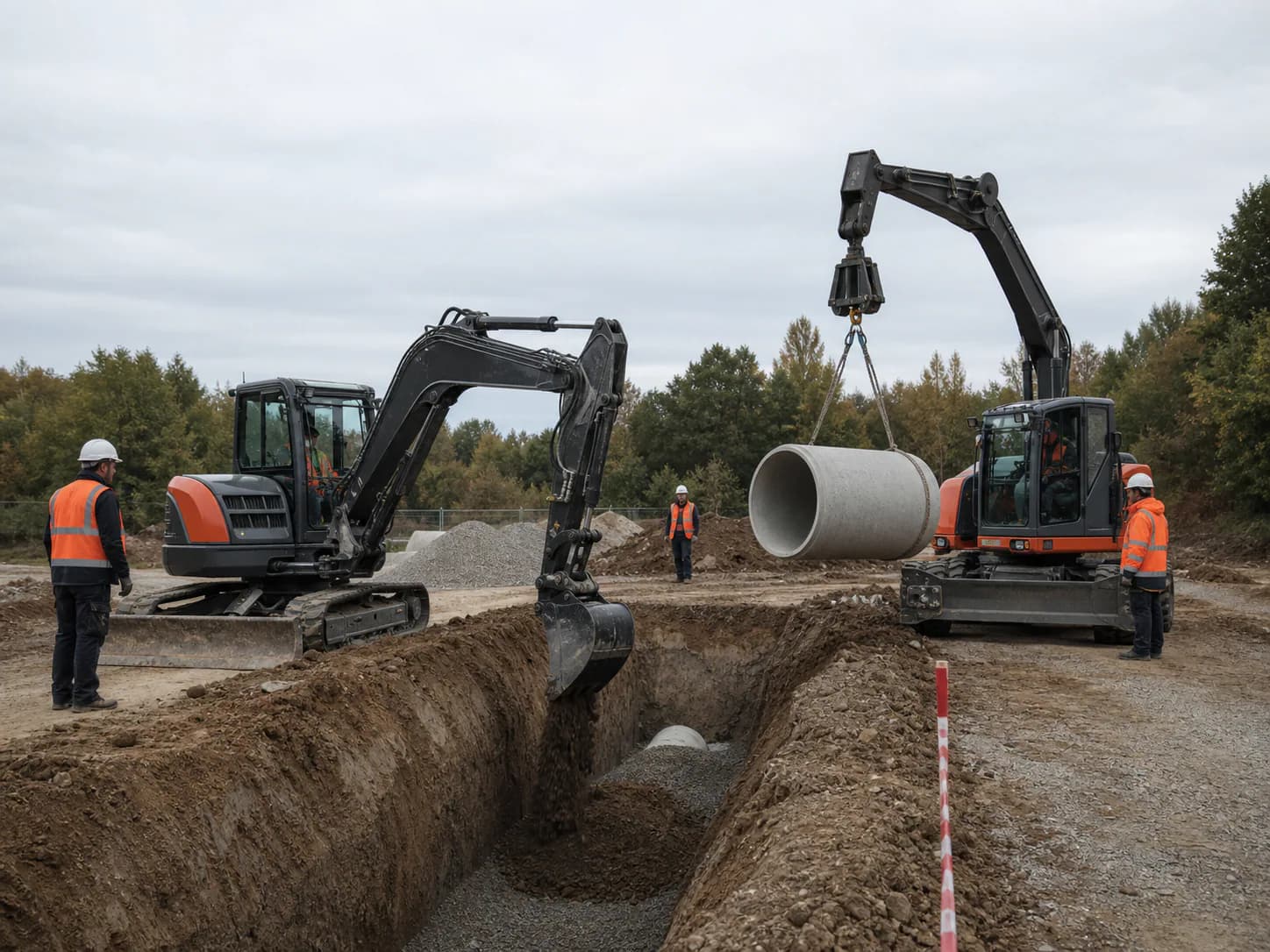 Kazı ve beton boru yerleştirmeyi birleştiren örnek drenaj operasyonu