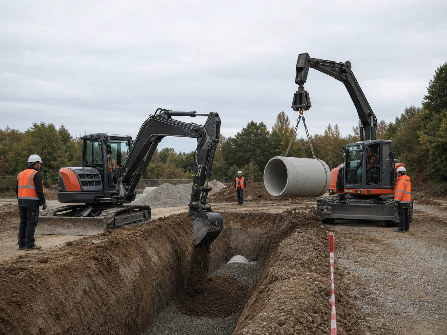Kazı ve beton boru yerleştirmeyi birleştiren örnek drenaj operasyonu
